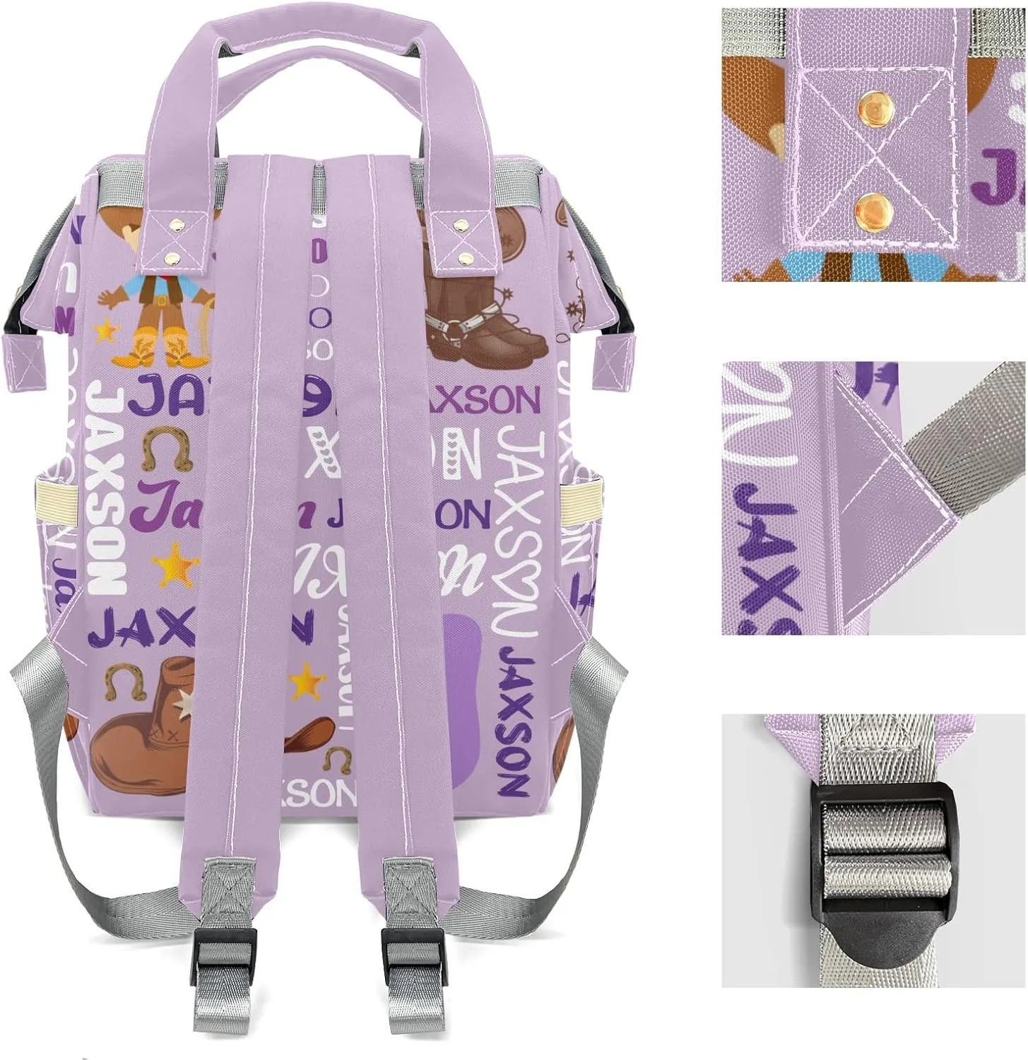 Rodeo Cowboy Light Purple Personalized Large Capacity Diaper Bags,Custom Name Backpack Casual Daypack Bag Nappy Bag Gifts