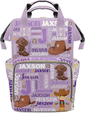 Rodeo Cowboy Light Purple Personalized Large Capacity Diaper Bags,Custom Name Backpack Casual Daypack Bag Nappy Bag Gifts