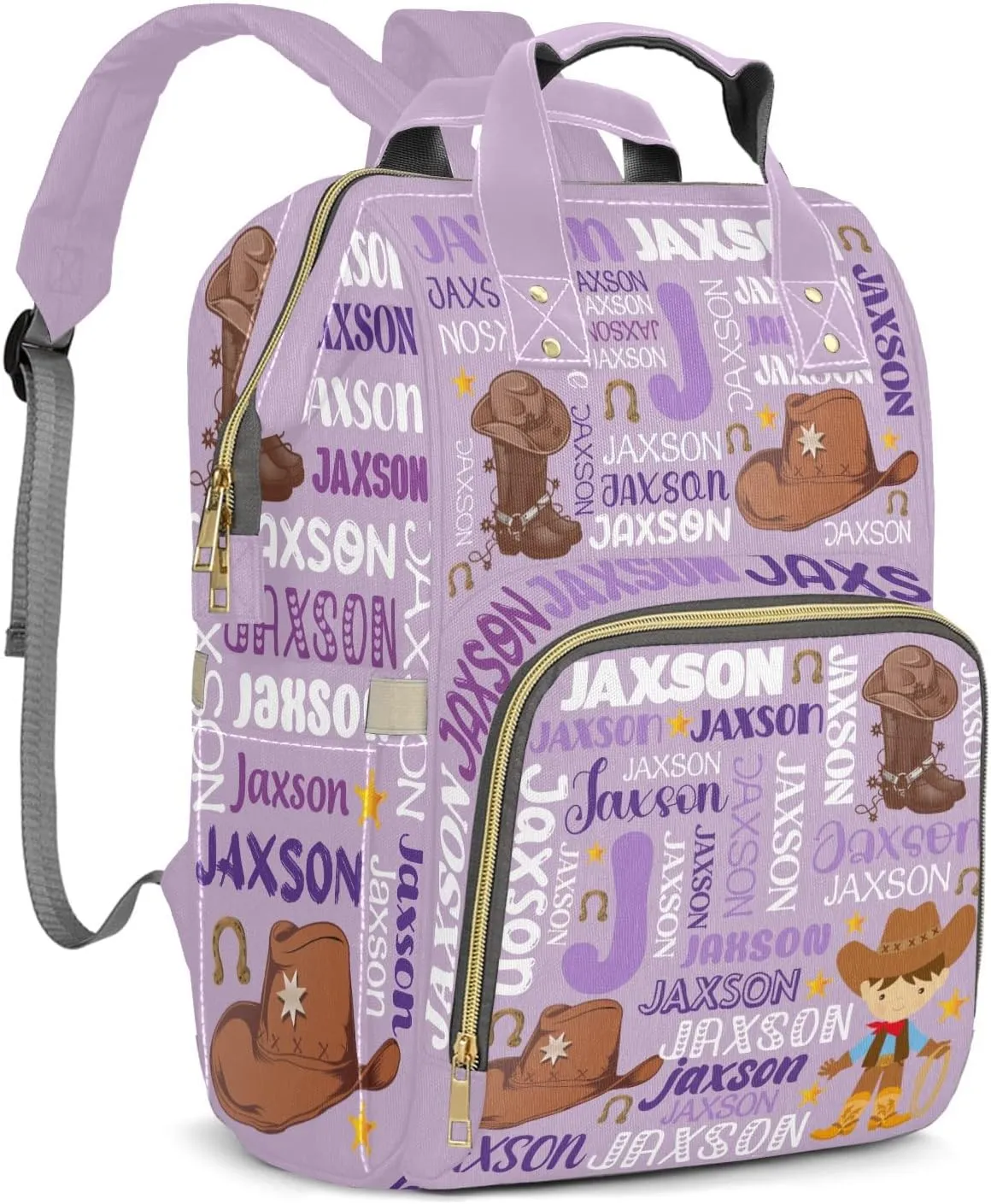Rodeo Cowboy Light Purple Personalized Large Capacity Diaper Bags,Custom Name Backpack Casual Daypack Bag Nappy Bag Gifts