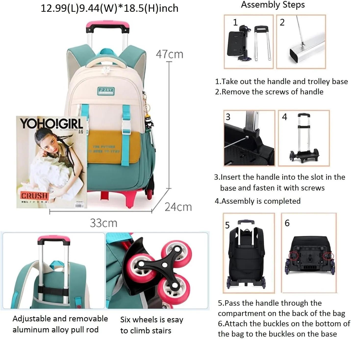 Rolling Backpack for Girls Backpack with Wheels for Adults Roller Bookbag Wheeled Bag Trolley School Bag Green