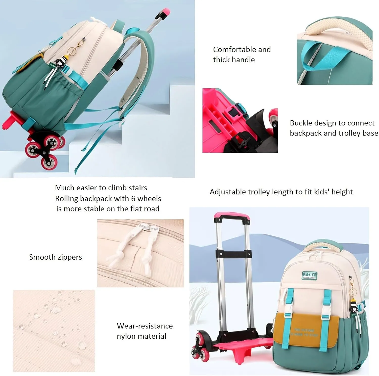 Rolling Backpack for Girls Backpack with Wheels for Adults Roller Bookbag Wheeled Bag Trolley School Bag Green
