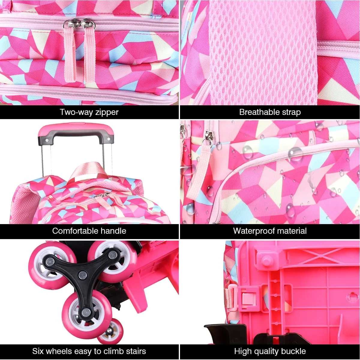 Rolling Backpack for Girls Trolley School Bag Wheels Backpack Luggage Waterproof Climbing Stairs (Rose Red with Six Wheels)