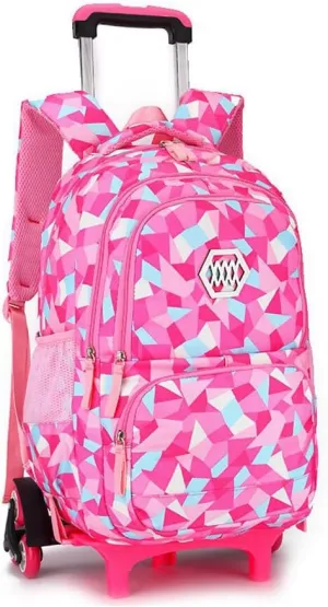Rolling Backpack for Girls Trolley School Bag Wheels Backpack Luggage Waterproof Climbing Stairs (Rose Red with Six Wheels)