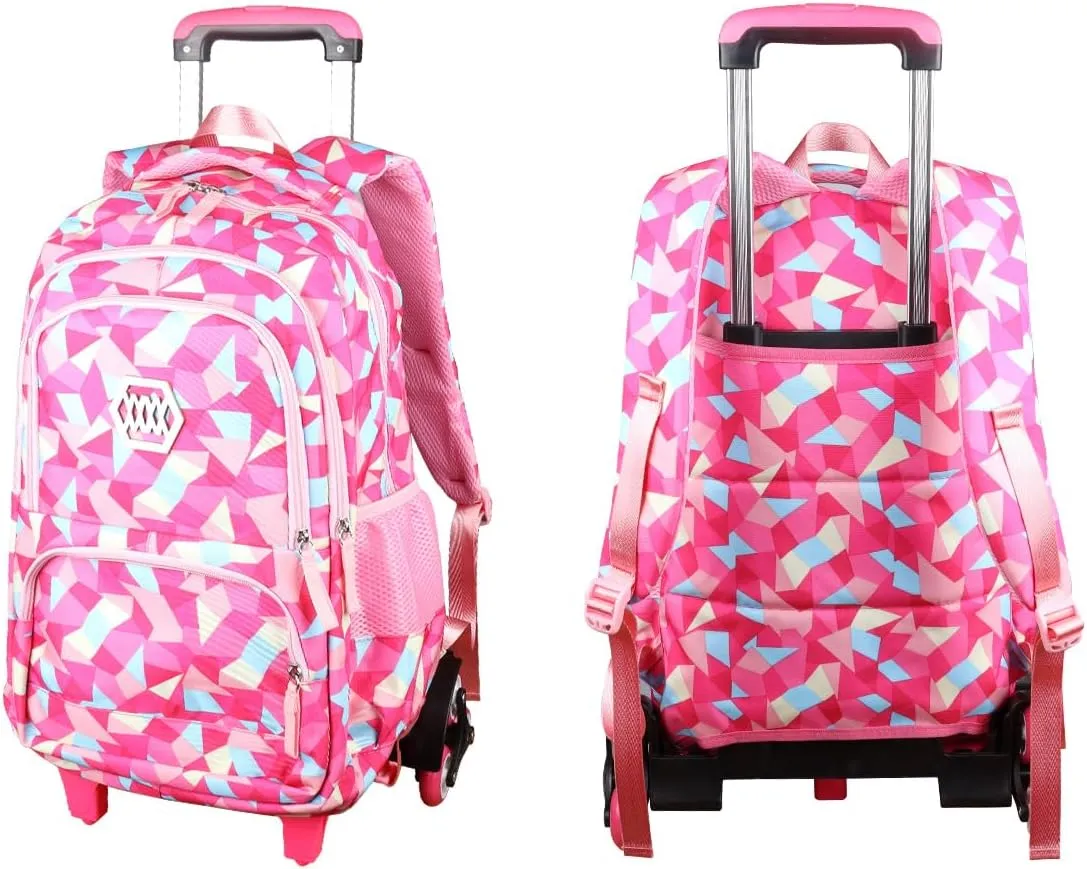 Rolling Backpack for Girls Trolley School Bag Wheels Backpack Luggage Waterproof Climbing Stairs (Rose Red with Six Wheels)