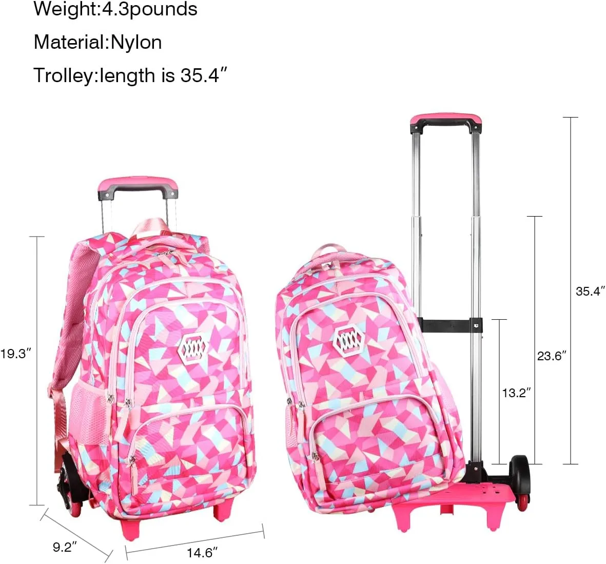 Rolling Backpack for Girls Trolley School Bag Wheels Backpack Luggage Waterproof Climbing Stairs (Rose Red with Six Wheels)