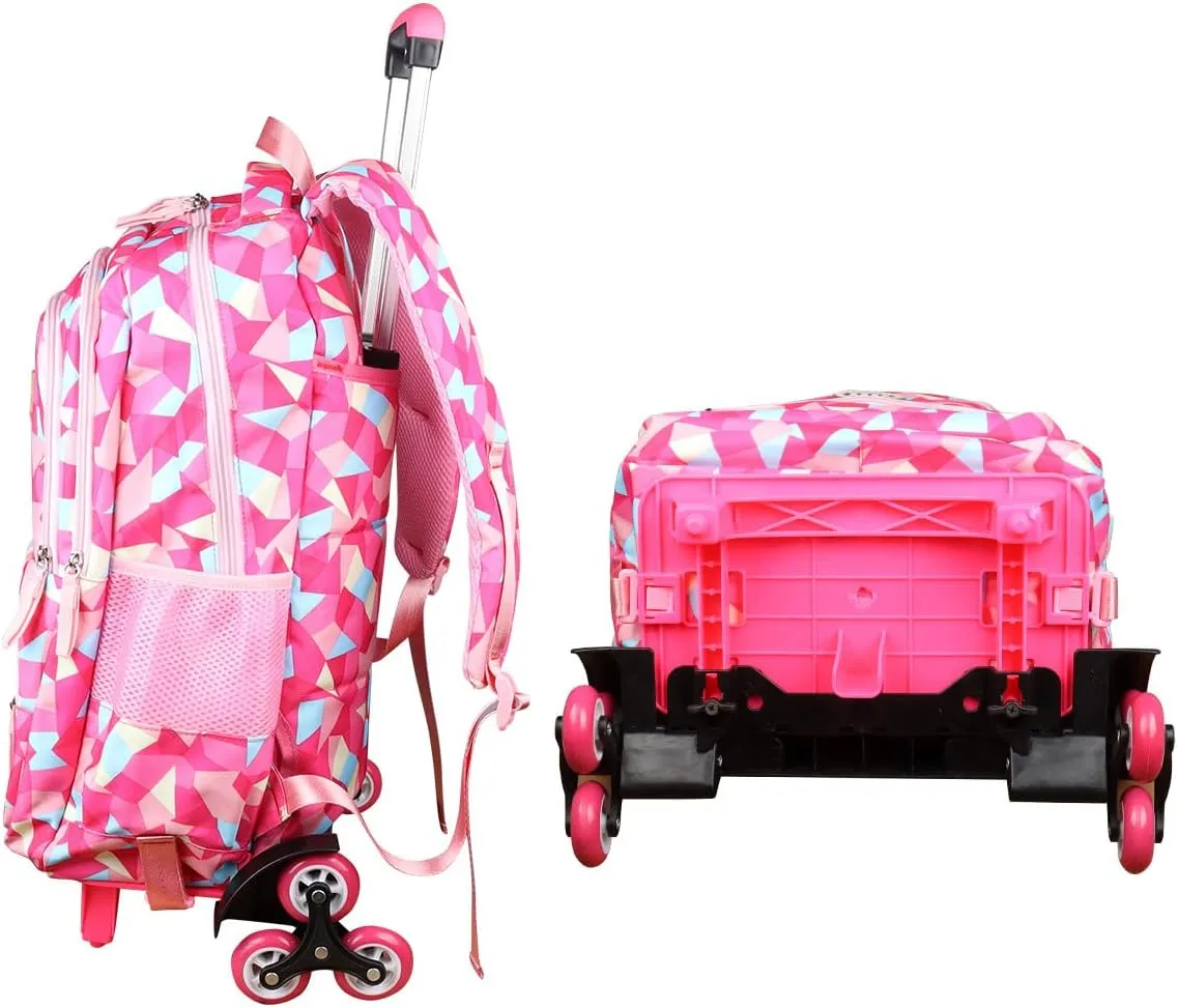 Rolling Backpack for Girls Trolley School Bag Wheels Backpack Luggage Waterproof Climbing Stairs (Rose Red with Six Wheels)
