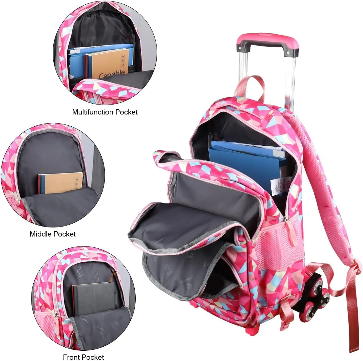 Rolling Backpack for Girls Trolley School Bag Wheels Backpack Luggage Waterproof Climbing Stairs (Rose Red with Six Wheels)