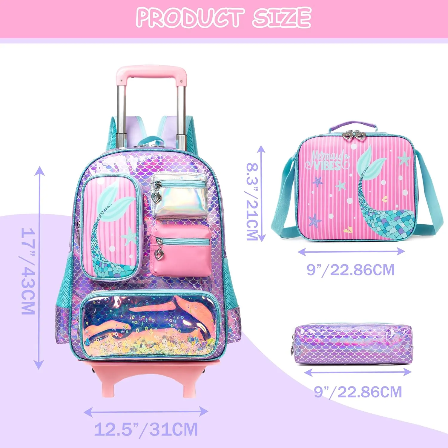 Rolling Backpack for Girls with Wheels Kids Rolling Backpack with Lunch Bag 3PCS Easy and Convenient Mermaid Backpack, Purple