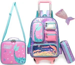 Rolling Backpack for Girls with Wheels Kids Rolling Backpack with Lunch Bag 3PCS Easy and Convenient Mermaid Backpack, Purple