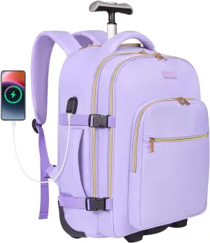Rolling Backpack for Women, 17Inch Laptop Travel Backpack with Wheels, Carry on Luggage Airplane, Overnight Business Bag (Taro Purple) (In Patent)
