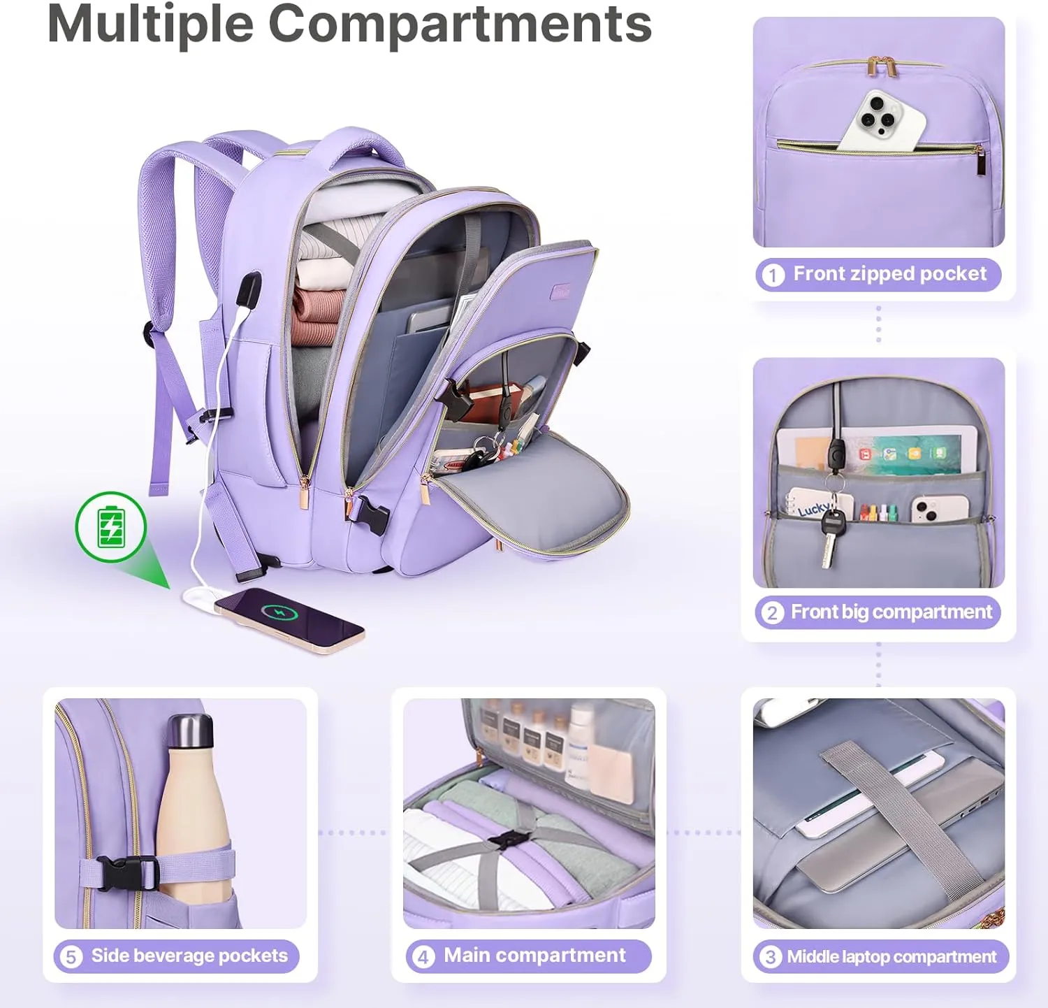 Rolling Backpack for Women, 17Inch Laptop Travel Backpack with Wheels, Carry on Luggage Airplane, Overnight Business Bag (Taro Purple) (In Patent)