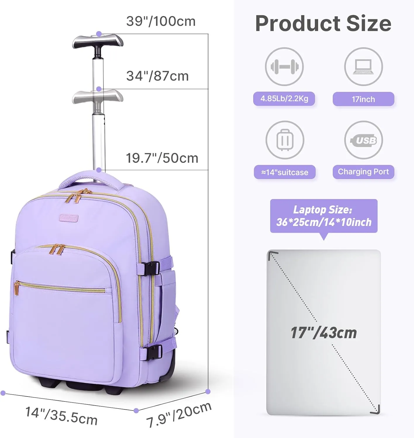 Rolling Backpack for Women, 17Inch Laptop Travel Backpack with Wheels, Carry on Luggage Airplane, Overnight Business Bag (Taro Purple) (In Patent)