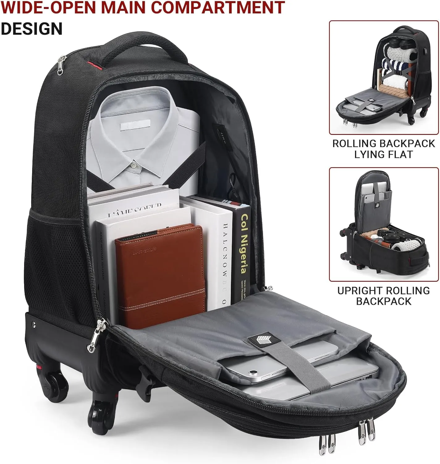 Rolling Backpack with 4 Extra Wheels - Water-Resistant, Airline Approved Underseat Travel Luggage, Ideal 18*14*8 Personal Item Suitcase, Wheeled Backpack, Roller Backpack,Rolling Laptop Bag