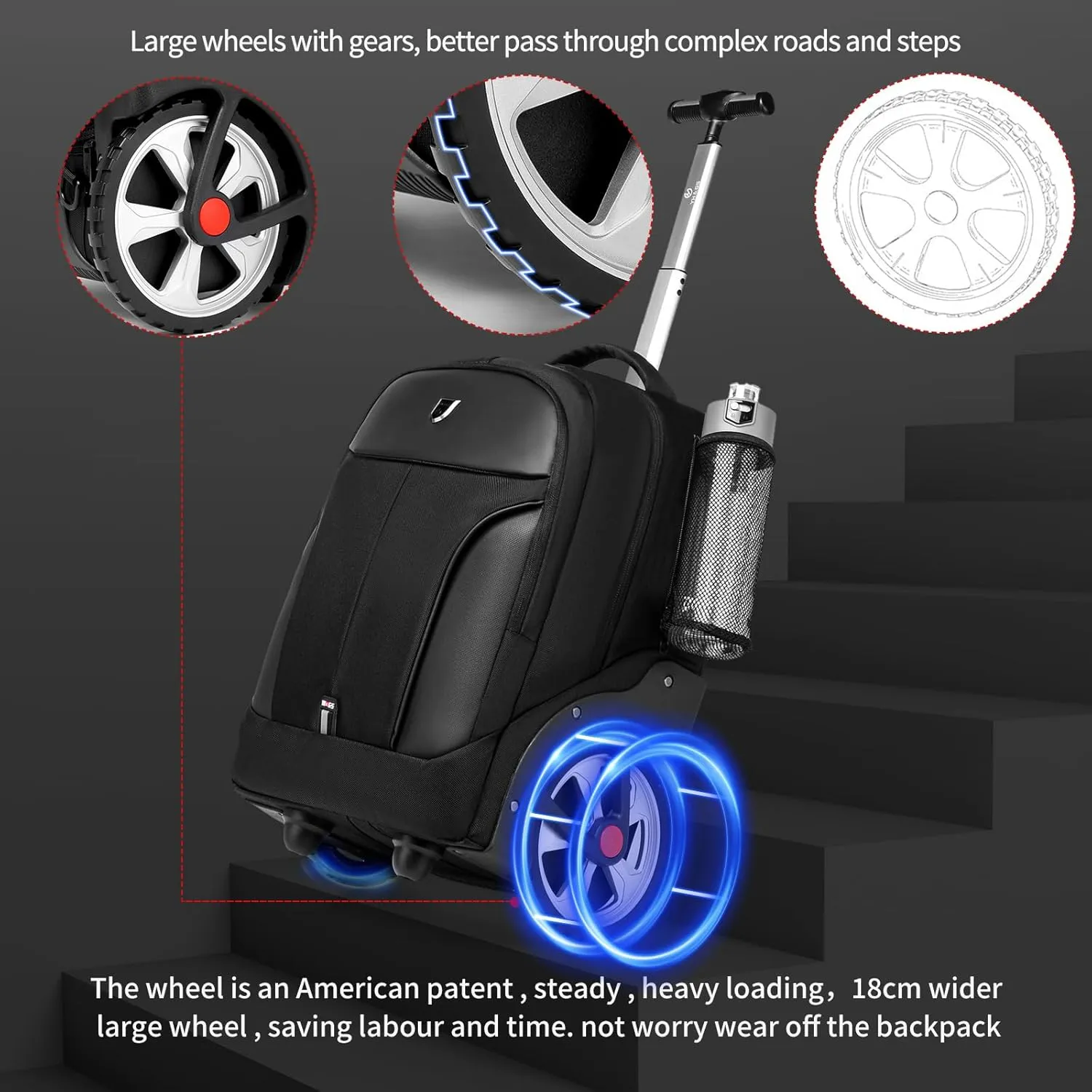 Rolling Backpack,Waterproof Backpack with Wheels for Business and Travel Commuter, Carry on Backpack with Laptop Compartment, Fit 15.6 Inch Laptop, Wheeled Backpack for Adults, 18Inch