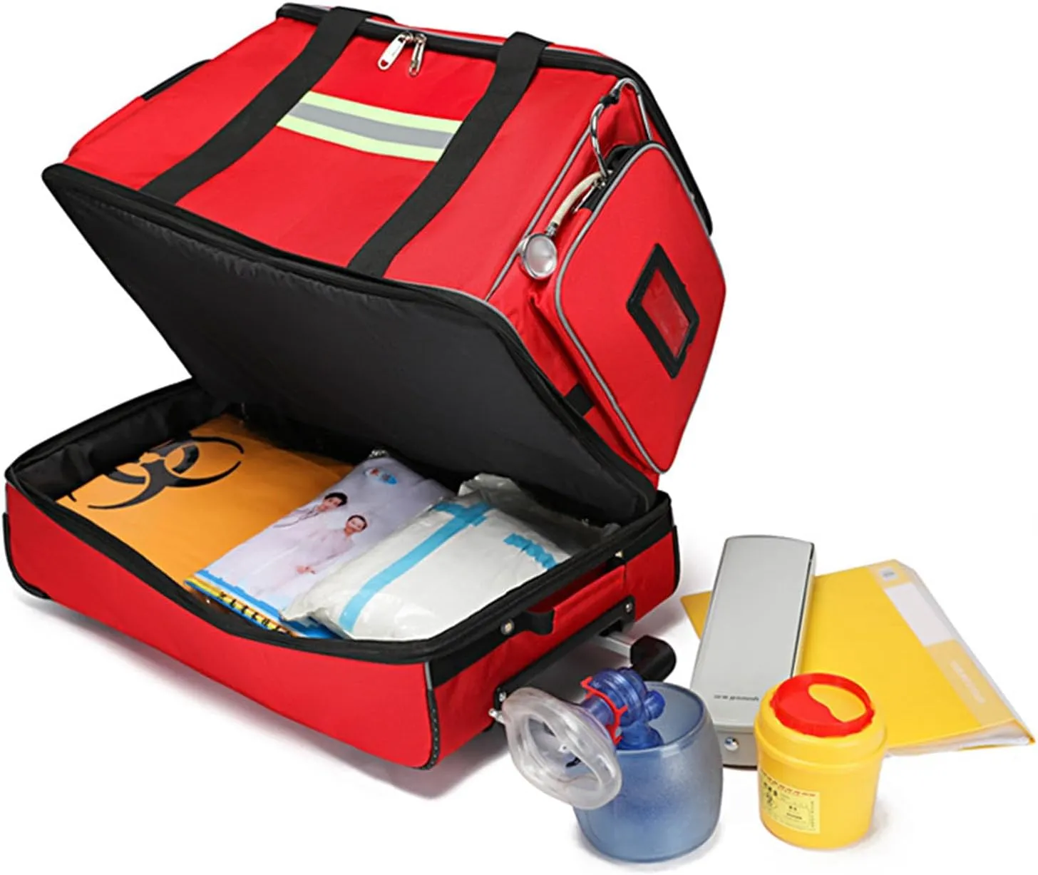 Rolling Roller Bag Trolley EMT Bag Empty for First Aid Responder Home Health Care Nursing Student Roll Duffle Bag Carry on with Wheels(Red)