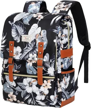 Ronyes Vintage Backpack for Women Men, Laptop Backpack 15.6 inch Bookbag Casual Daypack for College Work, Black with Flower Pattern