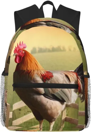 Rooster on Wood Farmland Printed Laptop Backpack Daypack Waterproof Travel Work Backpack for Men Women Lightweight School Bag Bookbag for Teen Girls
