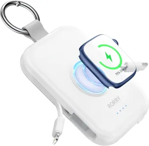 RORRY Portable Charger, 5000mAh Portable Charger Power Bank with Built-in Cables, Travel Keychain Battery Pack for Apple Watch Ultra 2/9/8/Ultra/7/6/SE/5, iPhone 16/15/14/13/12, White