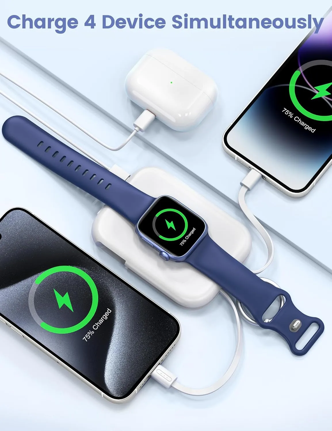 RORRY Portable Charger, 5000mAh Portable Charger Power Bank with Built-in Cables, Travel Keychain Battery Pack for Apple Watch Ultra 2/9/8/Ultra/7/6/SE/5, iPhone 16/15/14/13/12, White