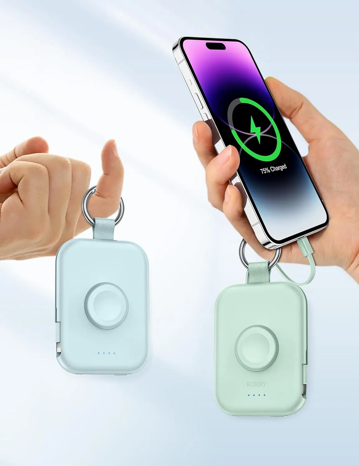RORRY Portable Charger, 5000mAh Portable Charger Power Bank with Built-in Cables, Travel Keychain Battery Pack for Apple Watch Ultra 2/9/8/Ultra/7/6/SE/5, iPhone 16/15/14/13/12, White