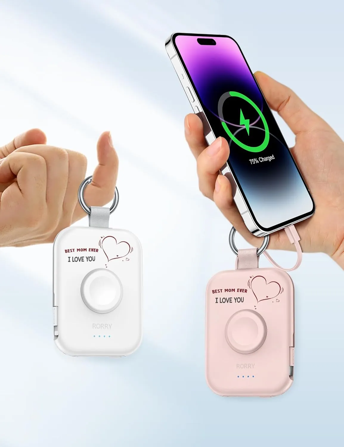 RORRY Portable Charger, 5000mAh Power Bank with Built-in Cables, Travel Keychain Battery Pack for Apple Watch Ultra 2/9/8/Ultra/7/6/SE/5, iPhone 16/15/14/13/12, Mom-Pink