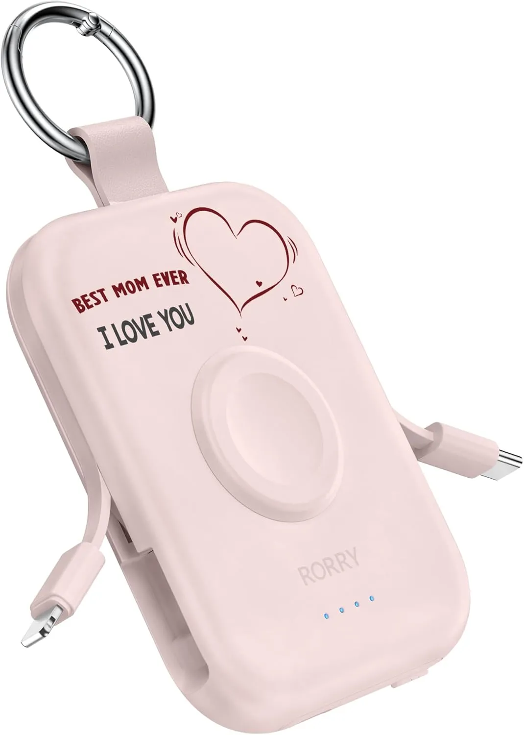 RORRY Portable Charger, 5000mAh Power Bank with Built-in Cables, Travel Keychain Battery Pack for Apple Watch Ultra 2/9/8/Ultra/7/6/SE/5, iPhone 16/15/14/13/12, Mom-Pink