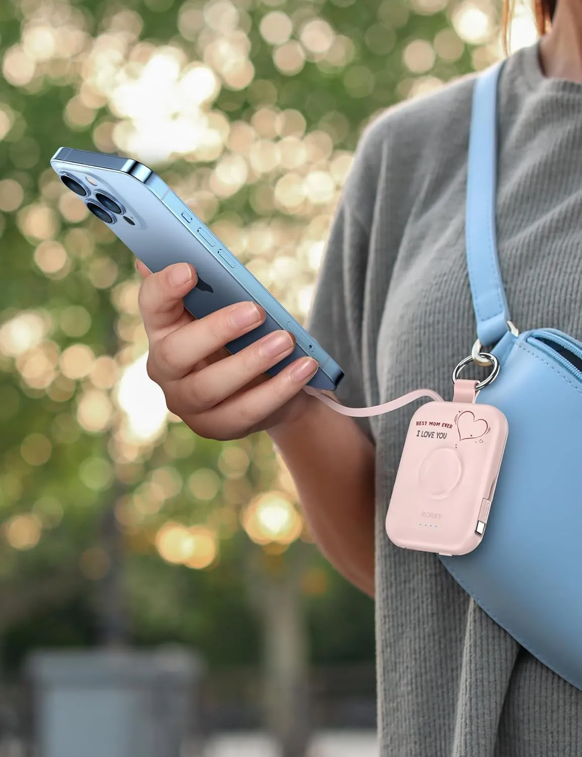 RORRY Portable Charger, 5000mAh Power Bank with Built-in Cables, Travel Keychain Battery Pack for Apple Watch Ultra 2/9/8/Ultra/7/6/SE/5, iPhone 16/15/14/13/12, Mom-Pink