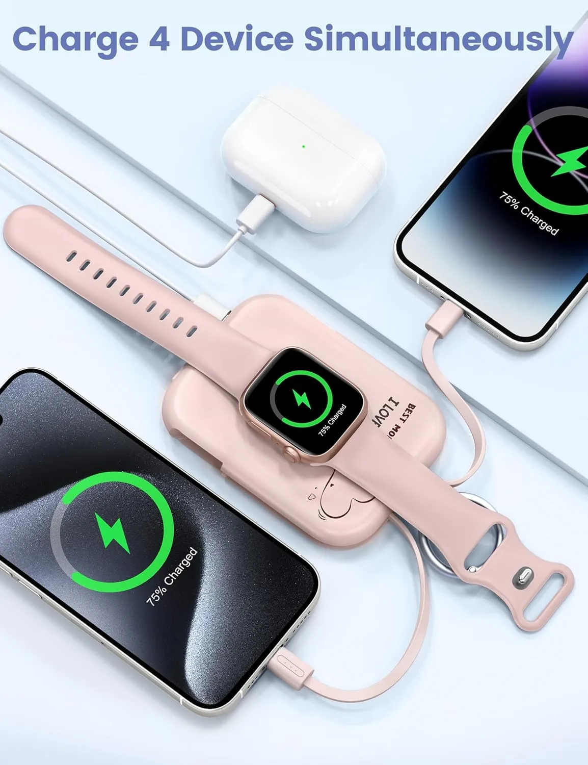 RORRY Portable Charger, 5000mAh Power Bank with Built-in Cables, Travel Keychain Battery Pack for Apple Watch Ultra 2/9/8/Ultra/7/6/SE/5, iPhone 16/15/14/13/12, Mom-Pink