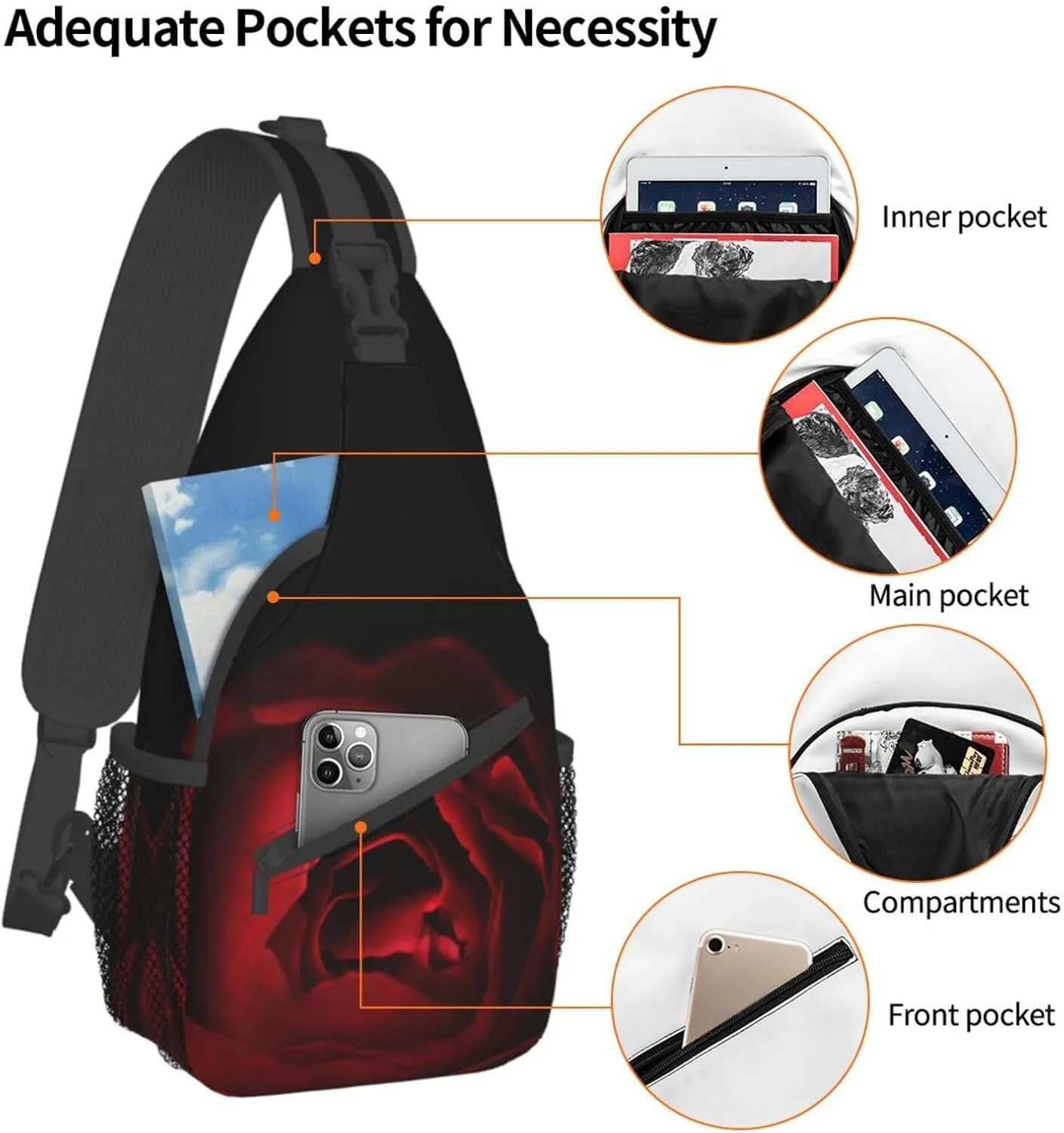 Rose Shoulder Bag Flower Sling Backpack Daypack Casual Cute Hiking Bag Womens Backpack Bag for Outdoor