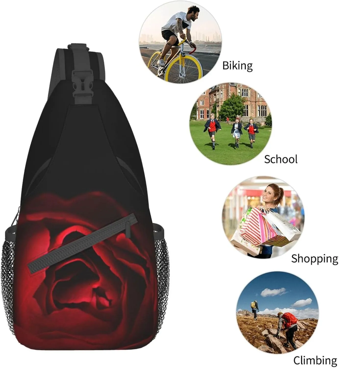 Rose Shoulder Bag Flower Sling Backpack Daypack Casual Cute Hiking Bag Womens Backpack Bag for Outdoor