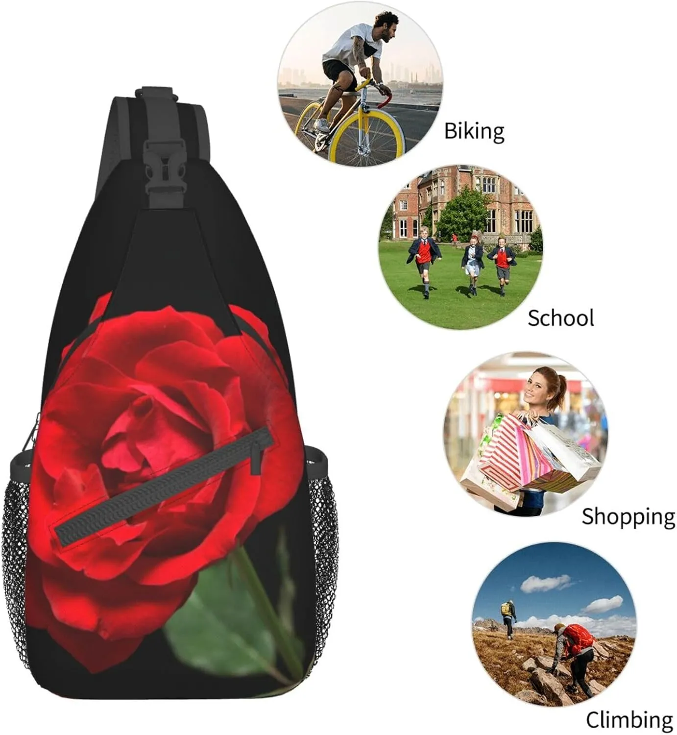 Rose Shoulder Bag Flower Sling Backpack Daypack Casual Cute Hiking Bag Womens Backpack Bag for Outdoor