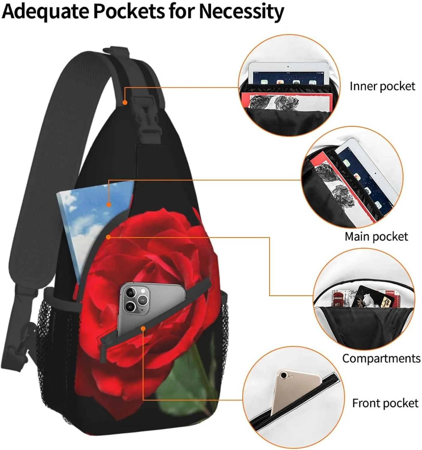 Rose Shoulder Bag Flower Sling Backpack Daypack Casual Cute Hiking Bag Womens Backpack Bag for Outdoor