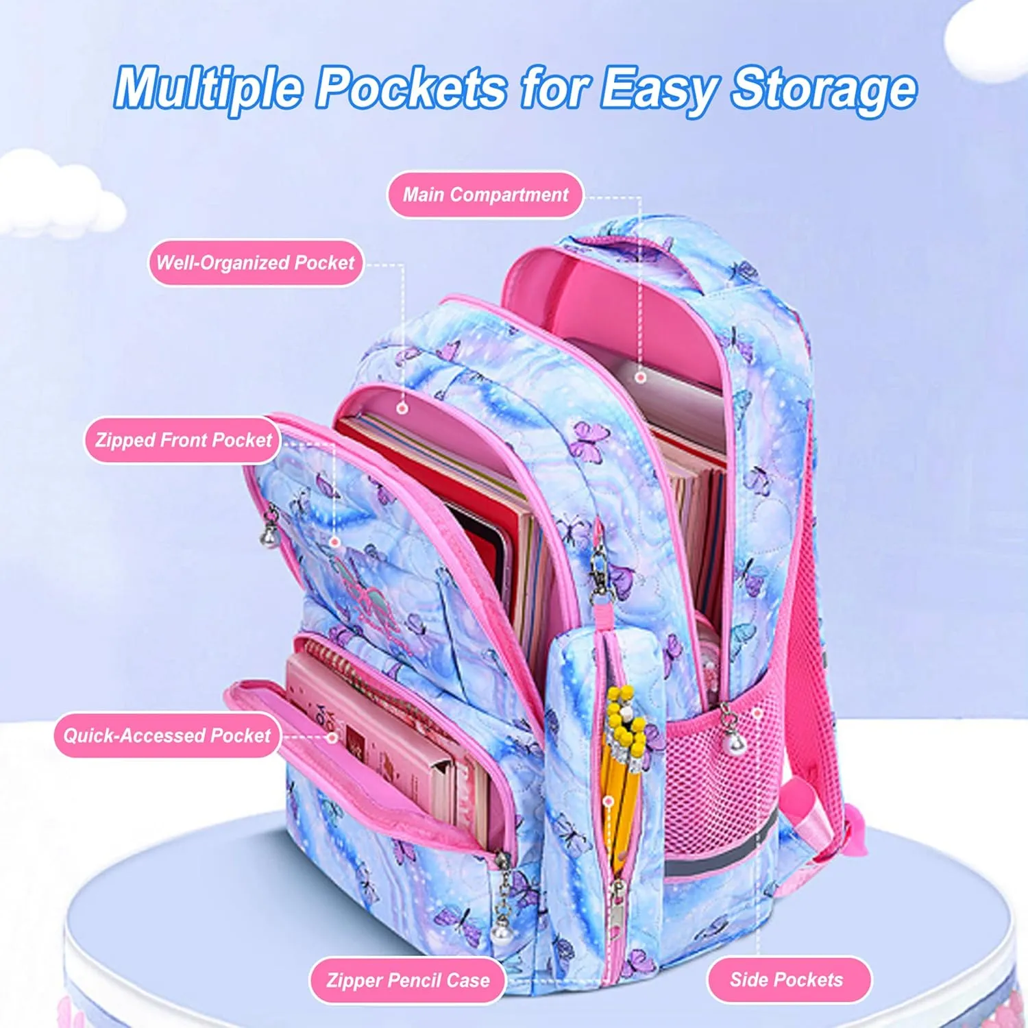 Rubytor 3PCS Kawaii Backpack Set Cute Laptop Bag, 17in Dreamy Butterfly Daypack Pink Large Capacity Double Shoulder Backpack, Lightweight Portable Lunch Box Tie-Dye Pencil Case
