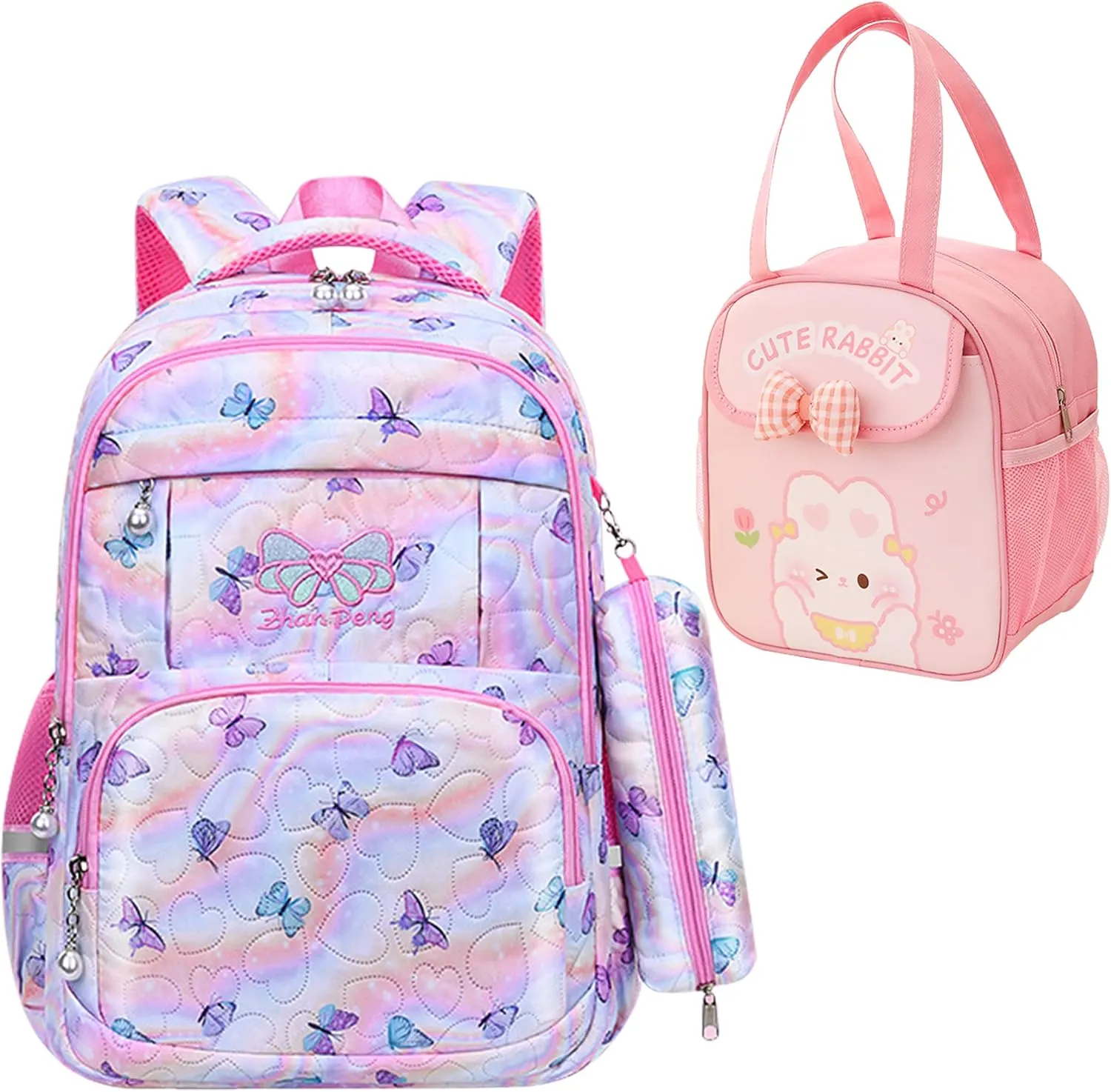 Rubytor 3PCS Kawaii Backpack Set Cute Laptop Bag, 17in Dreamy Butterfly Daypack Pink Large Capacity Double Shoulder Backpack, Lightweight Portable Lunch Box Tie-Dye Pencil Case