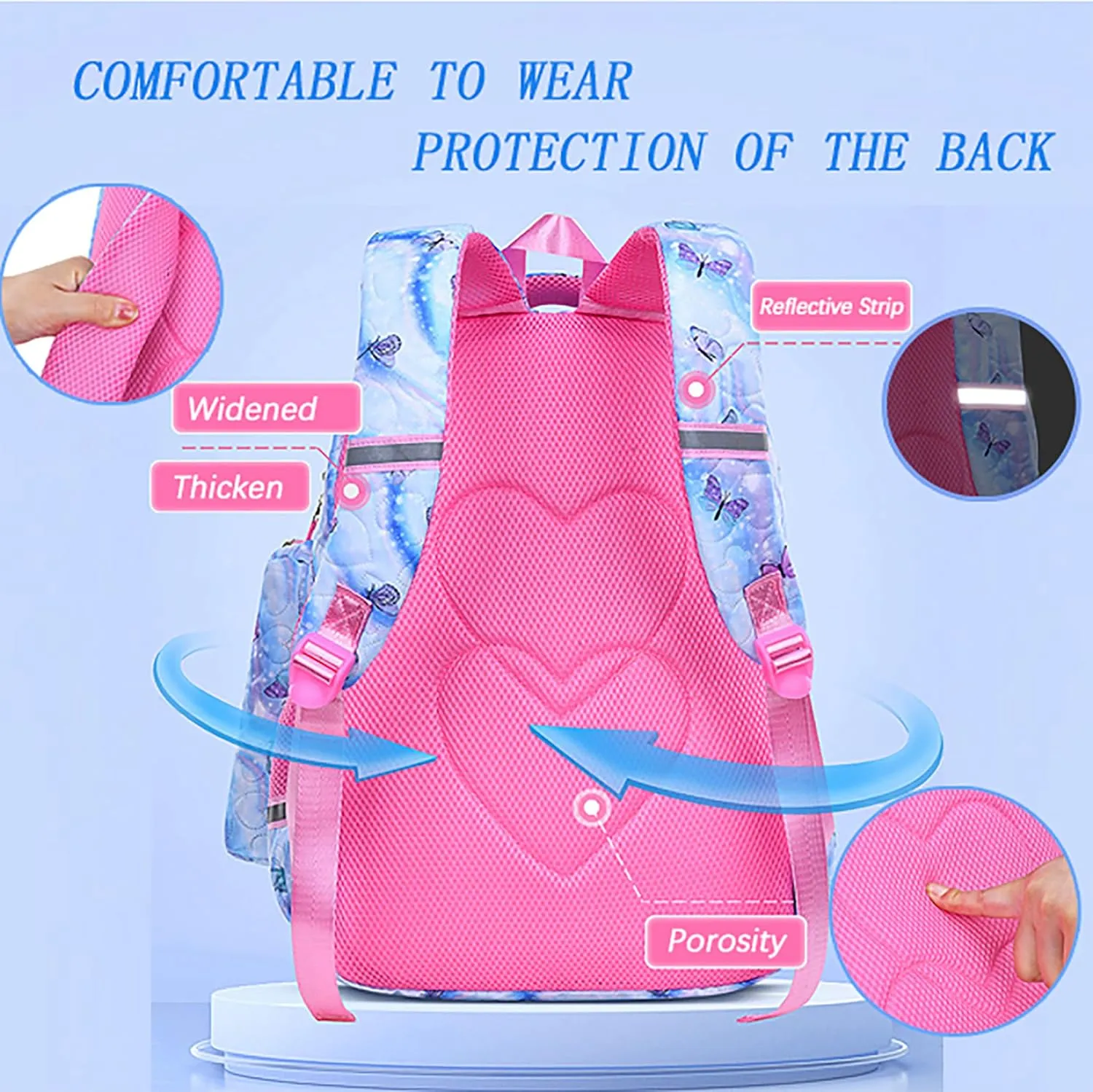 Rubytor 3PCS Kawaii Backpack Set Cute Laptop Bag, 17in Dreamy Butterfly Daypack Pink Large Capacity Double Shoulder Backpack, Lightweight Portable Lunch Box Tie-Dye Pencil Case