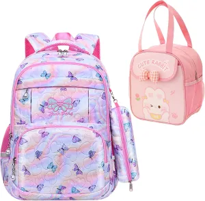 Rubytor 3PCS Kawaii Backpack Set Cute Laptop Bag, 17in Dreamy Butterfly Daypack Pink Large Capacity Double Shoulder Backpack, Lightweight Portable Lunch Box Tie-Dye Pencil Case