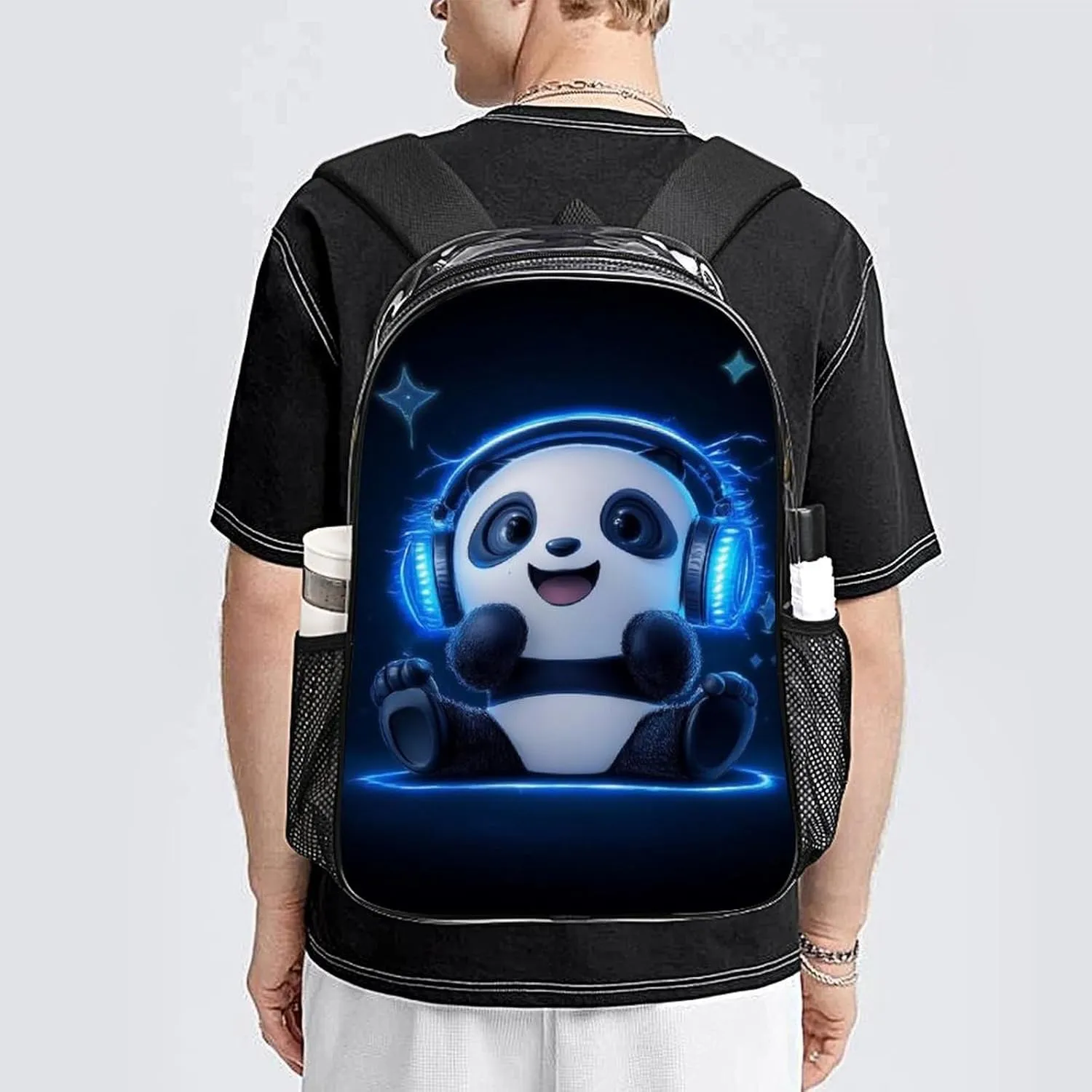 Rucksack Anti-Theft Multipurpose Large Capacity Carry On Bag - Black And White Panda Animal Headphones Music Cute Panda Travel Hiking Day Pack Transparent Bag