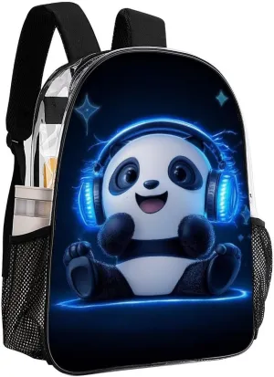 Rucksack Anti-Theft Multipurpose Large Capacity Carry On Bag - Black And White Panda Animal Headphones Music Cute Panda Travel Hiking Day Pack Transparent Bag