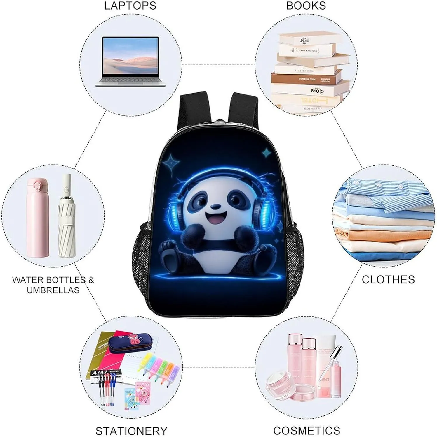 Rucksack Anti-Theft Multipurpose Large Capacity Carry On Bag - Black And White Panda Animal Headphones Music Cute Panda Travel Hiking Day Pack Transparent Bag