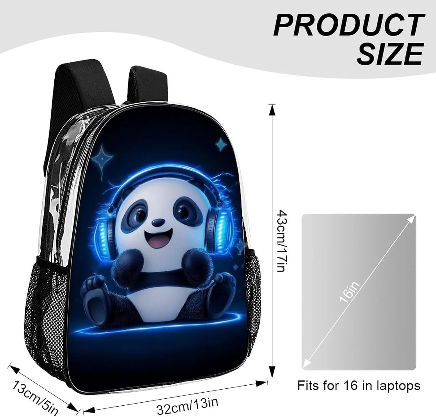 Rucksack Anti-Theft Multipurpose Large Capacity Carry On Bag - Black And White Panda Animal Headphones Music Cute Panda Travel Hiking Day Pack Transparent Bag
