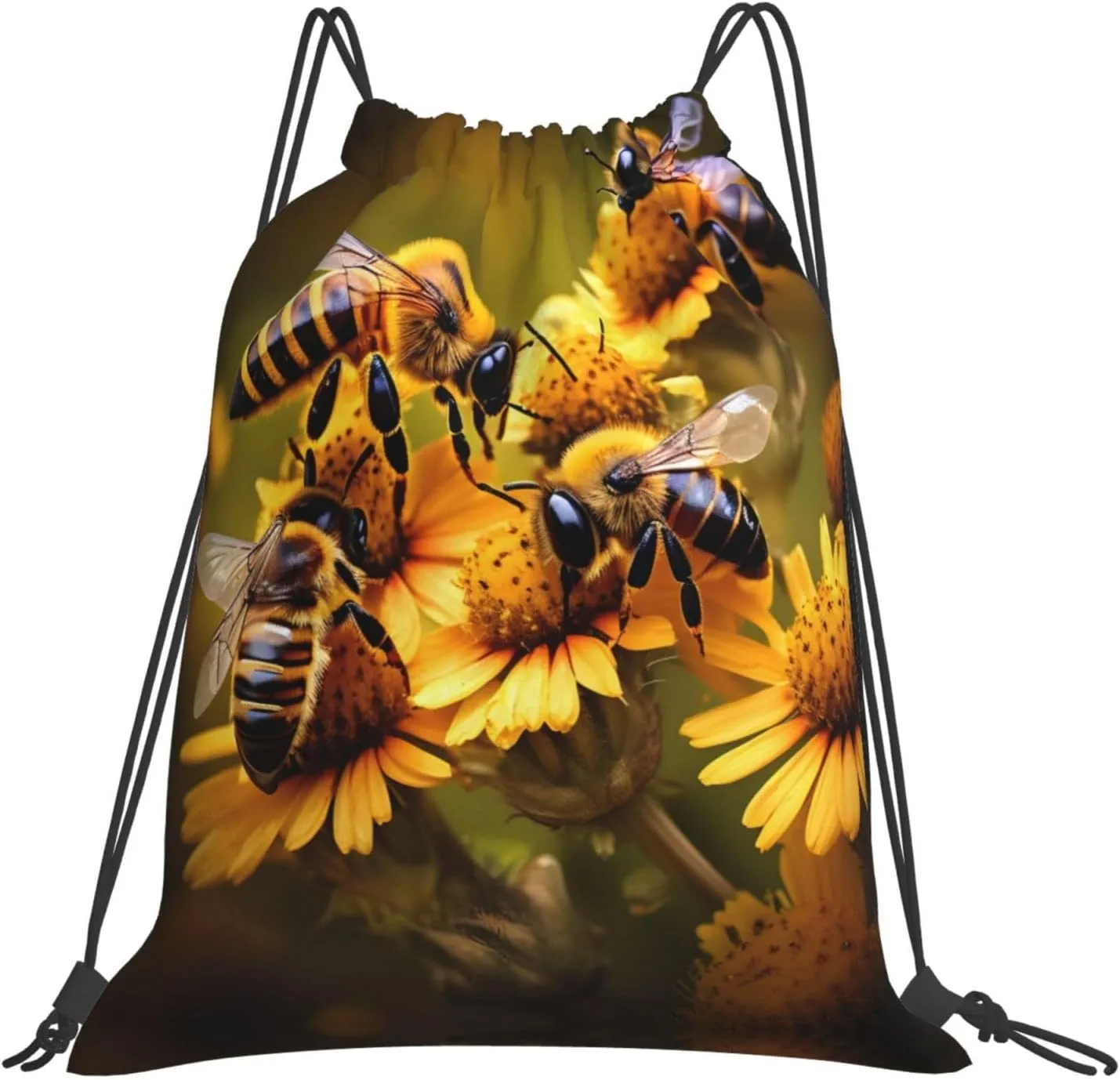 Rural Honey Bees Flowers Print Sport Backpack Foldable Gym Sack Drawstring Bag String Bag Yoga Bag 14x16 Inch
