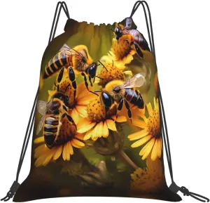 Rural Honey Bees Flowers Print Sport Backpack Foldable Gym Sack Drawstring Bag String Bag Yoga Bag 14x16 Inch