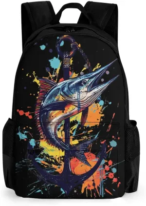 Sailfish Watercolor Printed Backpack Causal Daypack Travel Laptop Shoulders Bag with Side Pockets for Men Women 13 X 7 X 16 Inch