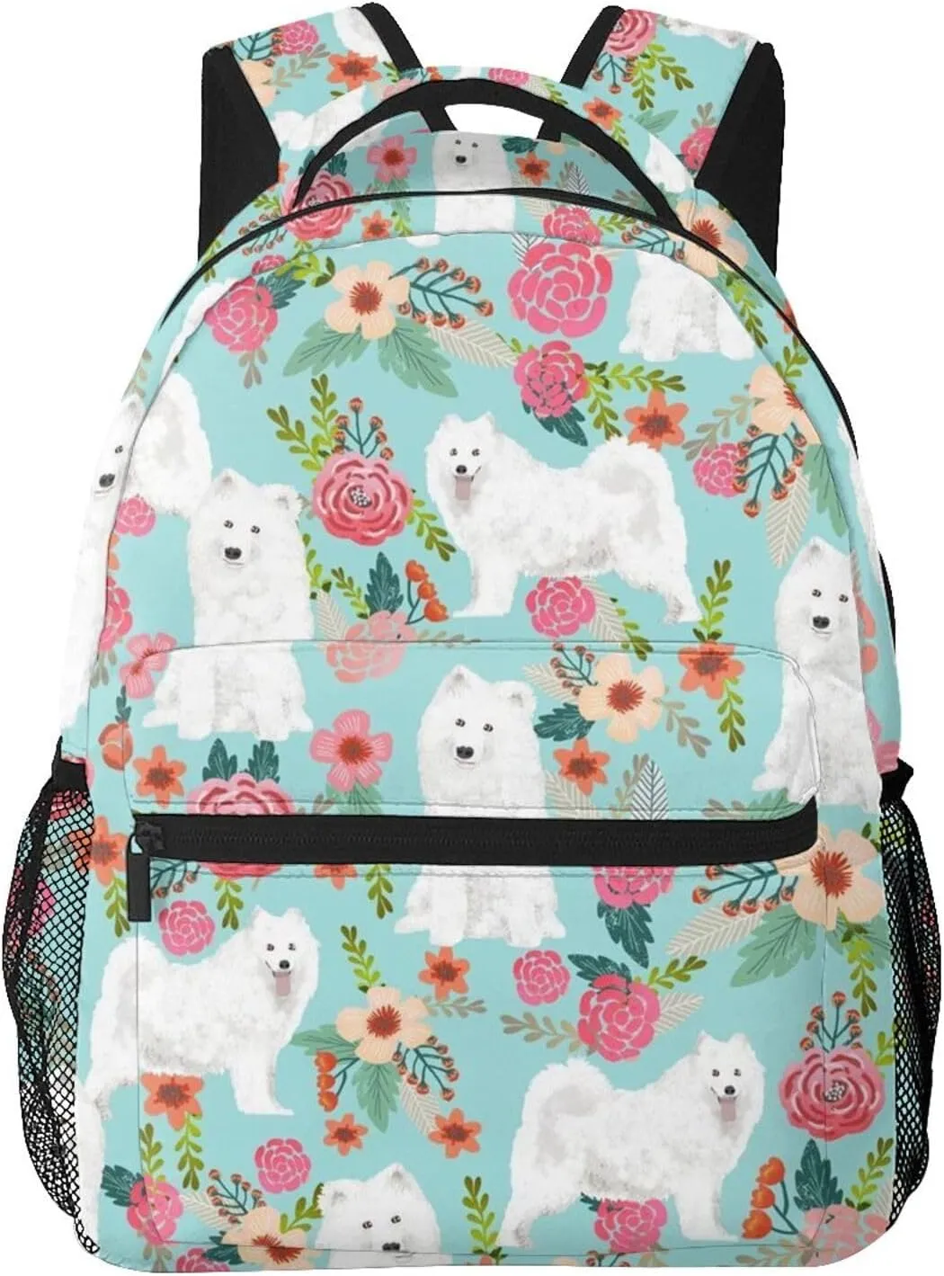 Samoyed Dogs Floral Dog Backpack for Men Travel Laptop Backpack Sturdy College Backpack Laptop Bag for Women