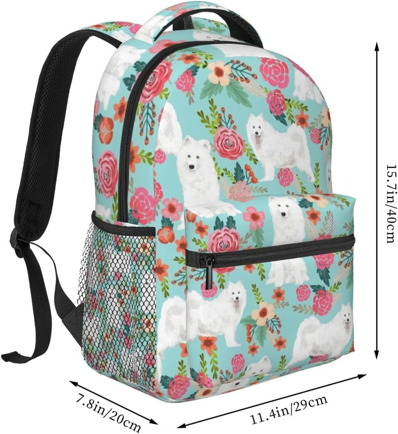 Samoyed Dogs Floral Dog Backpack for Men Travel Laptop Backpack Sturdy College Backpack Laptop Bag for Women