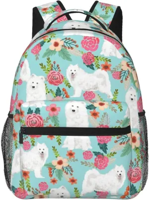 Samoyed Dogs Floral Dog Backpack for Men Travel Laptop Backpack Sturdy College Backpack Laptop Bag for Women