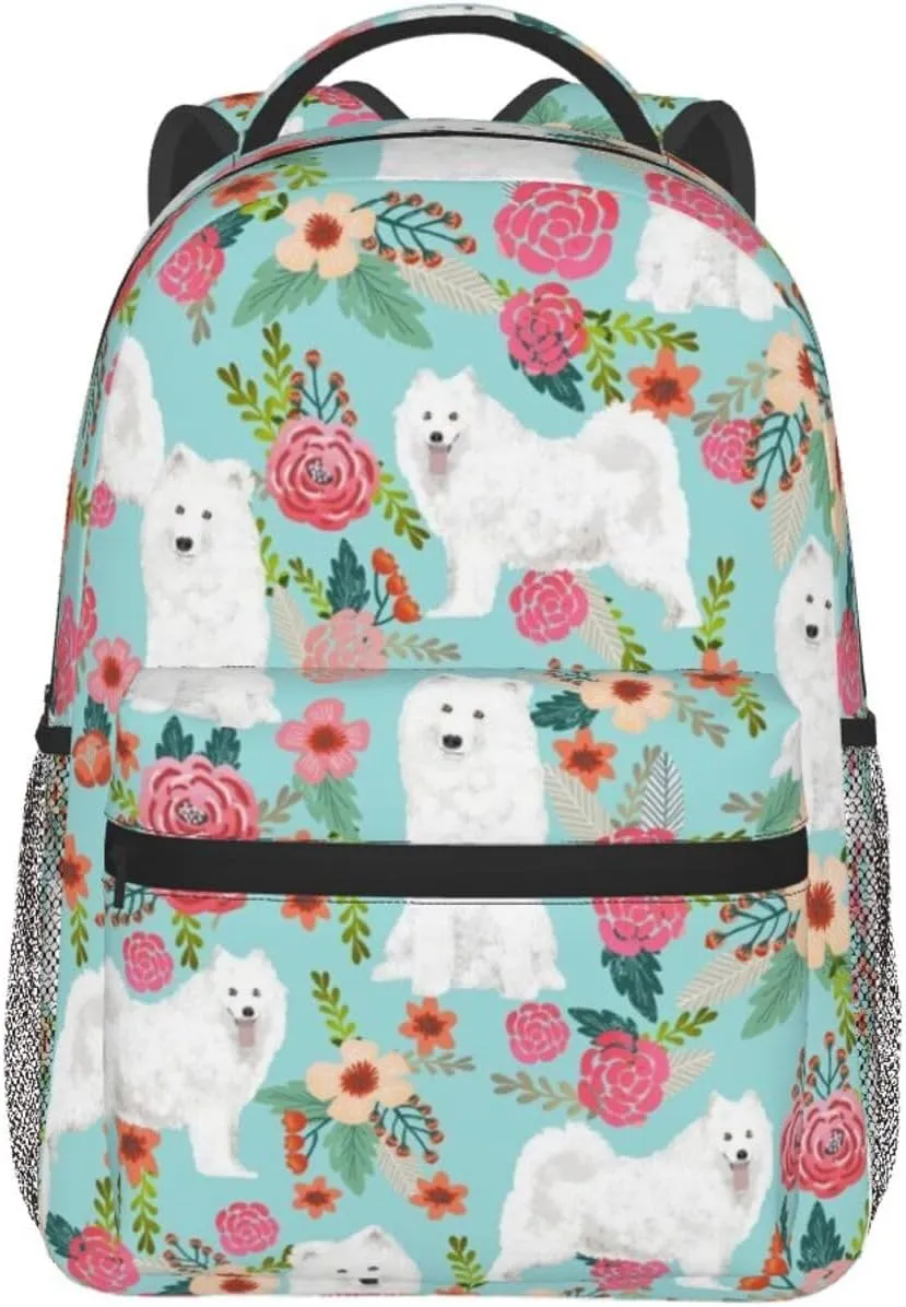 Samoyed Dogs Floral Dog Backpack for Men Travel Laptop Backpack Sturdy College Backpack Laptop Bag for Women
