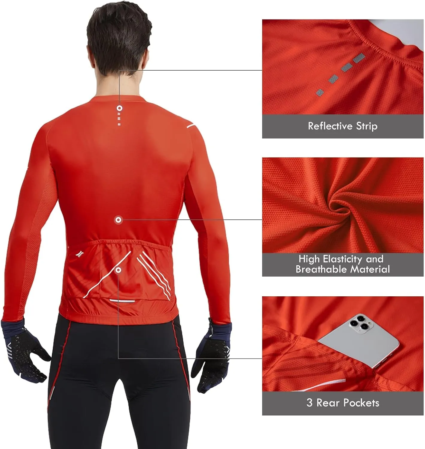Santic Cycling Jersey Men's Long Sleeve Bike Reflective Full Zip Bicycle Shirts with Pockets