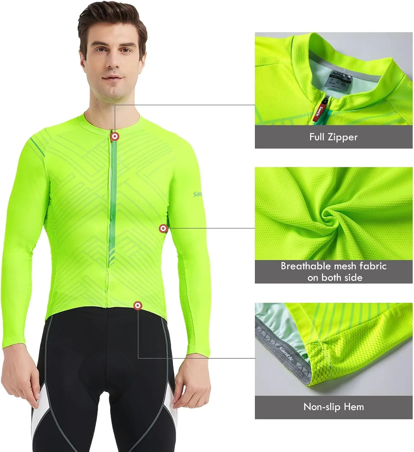 Santic Cycling Jersey Men's Long Sleeve Bike Reflective Full Zip Bicycle Shirts with Pockets