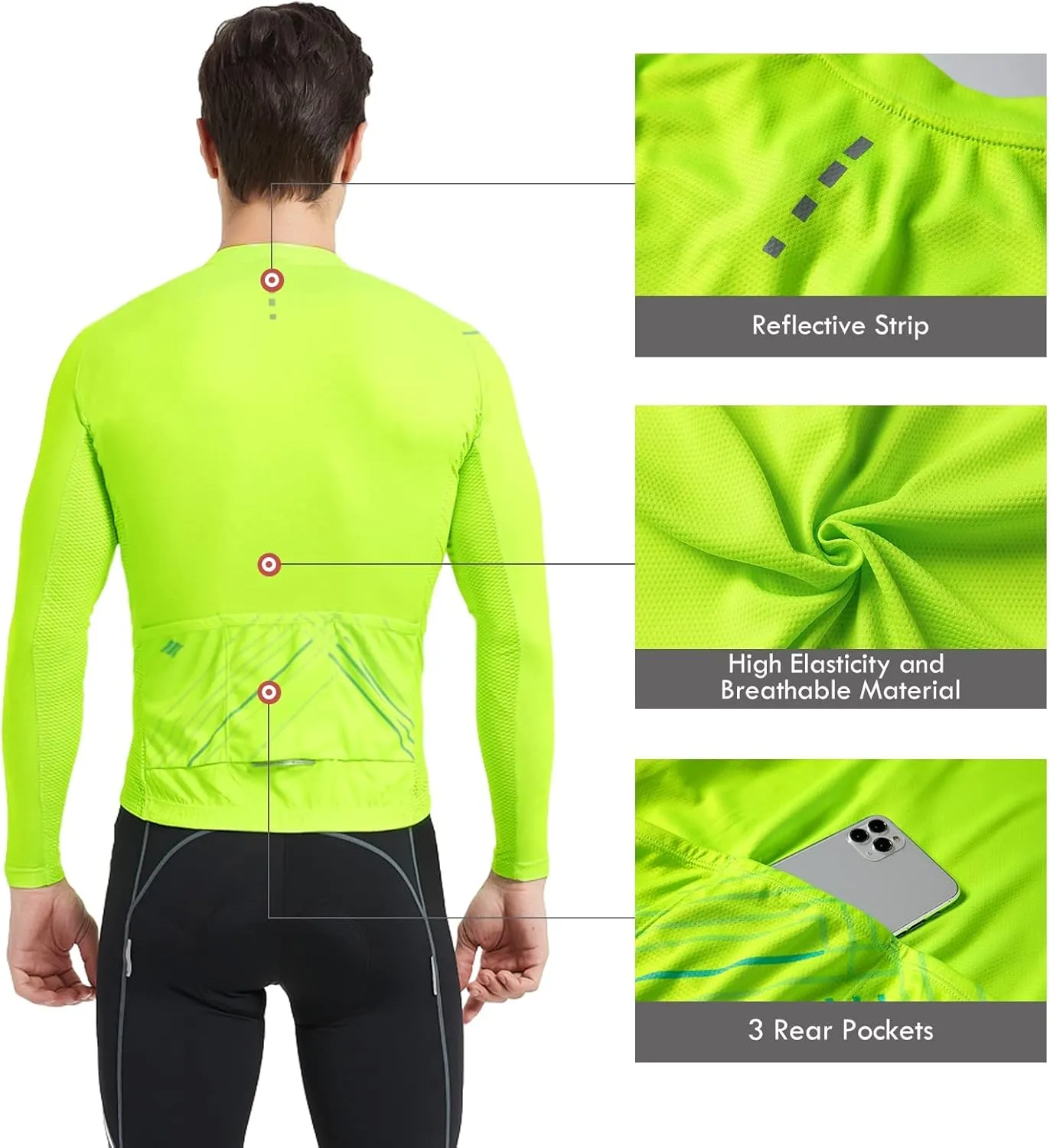 Santic Cycling Jersey Men's Long Sleeve Bike Reflective Full Zip Bicycle Shirts with Pockets